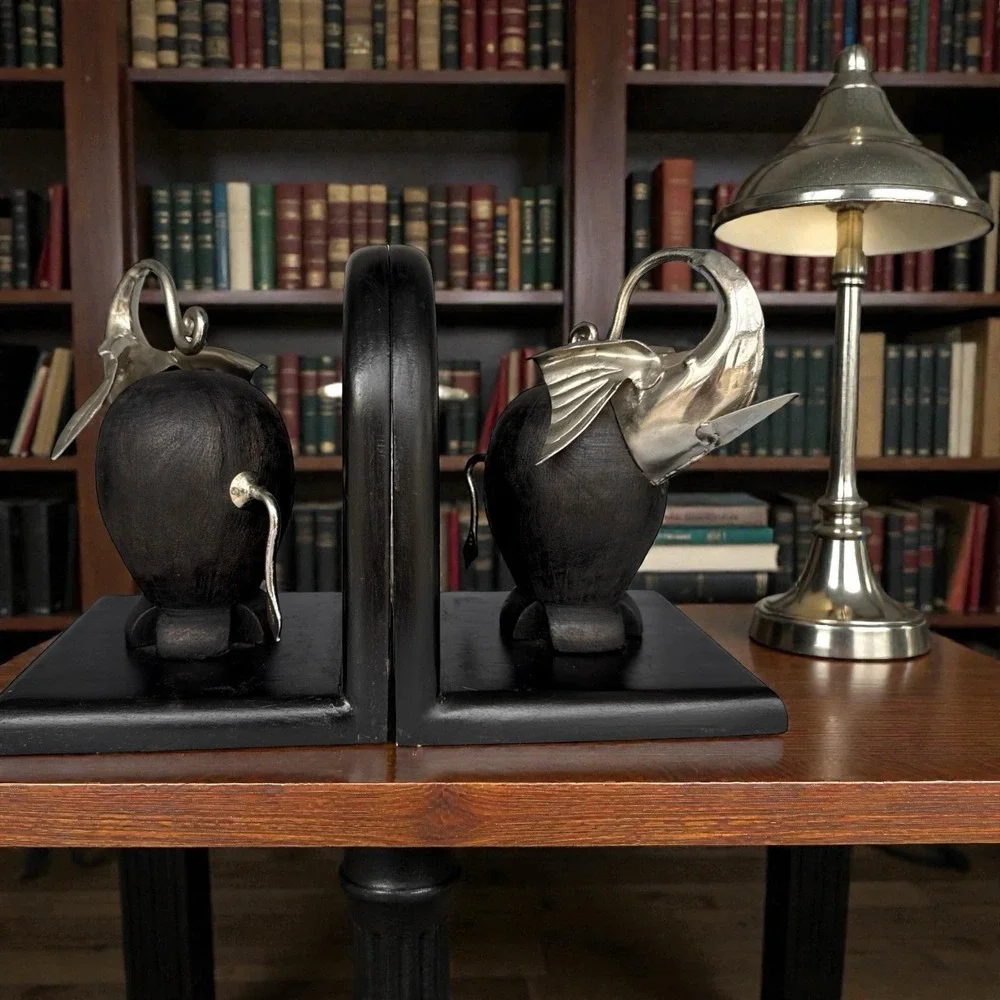 Black Bauhaus Beast Bookends‎ Art Deco Black Wood and Chrome Elephants